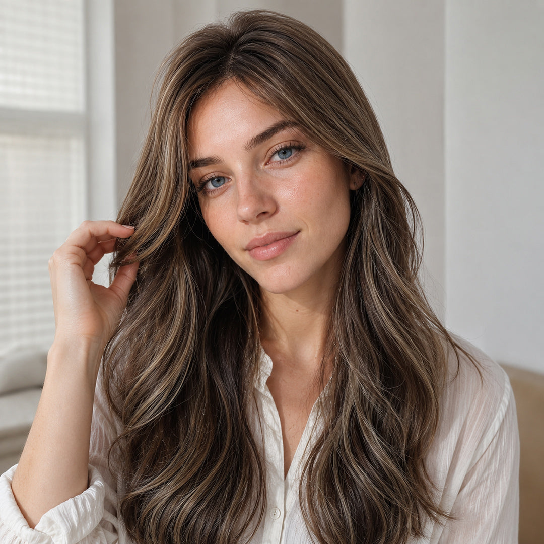 Alternate product view of Lena synthetic wig, Brunette Blonde Highlights