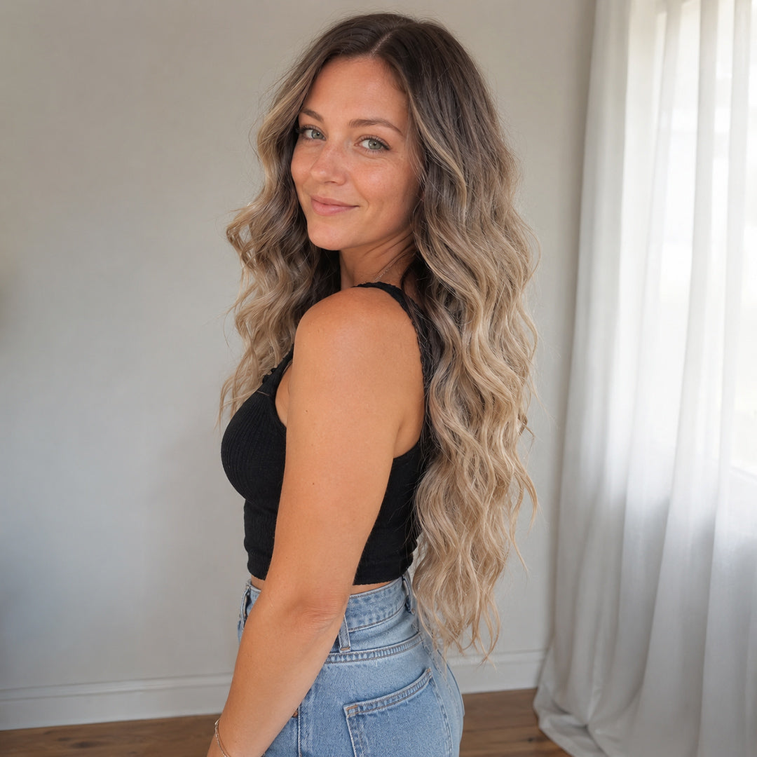 Alternate view of Luna 13x6 synthetic lace front wig, Ash Blonde Balayage Beach Wave