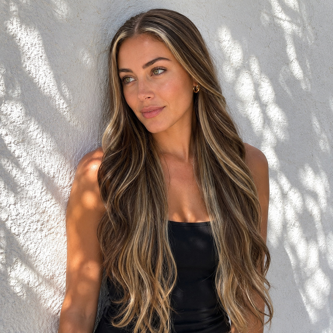 Maren 13x6 lace front wig with pre-cut lace, Ash Brown Blonde Highlights