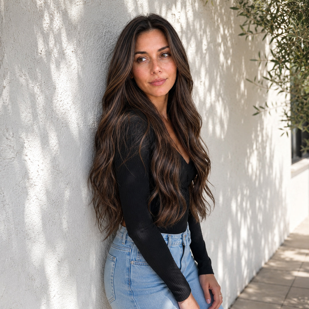 Alternate view of Mila 13x6 synthetic lace front wig, Dark Brown Balayage Loose Wave