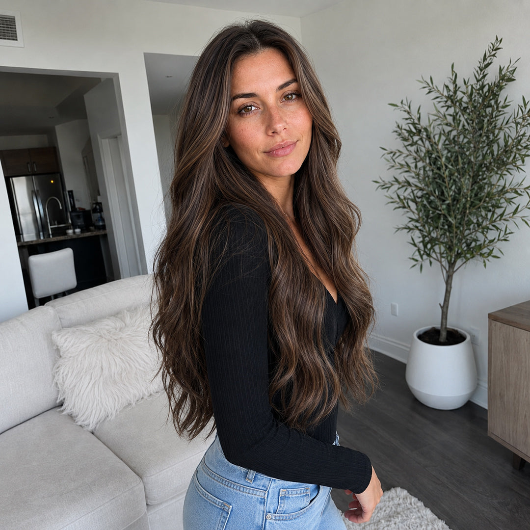 UNILOVELY Mila pre-cut synthetic lace front wig, Dark Brown Balayage Loose Wave