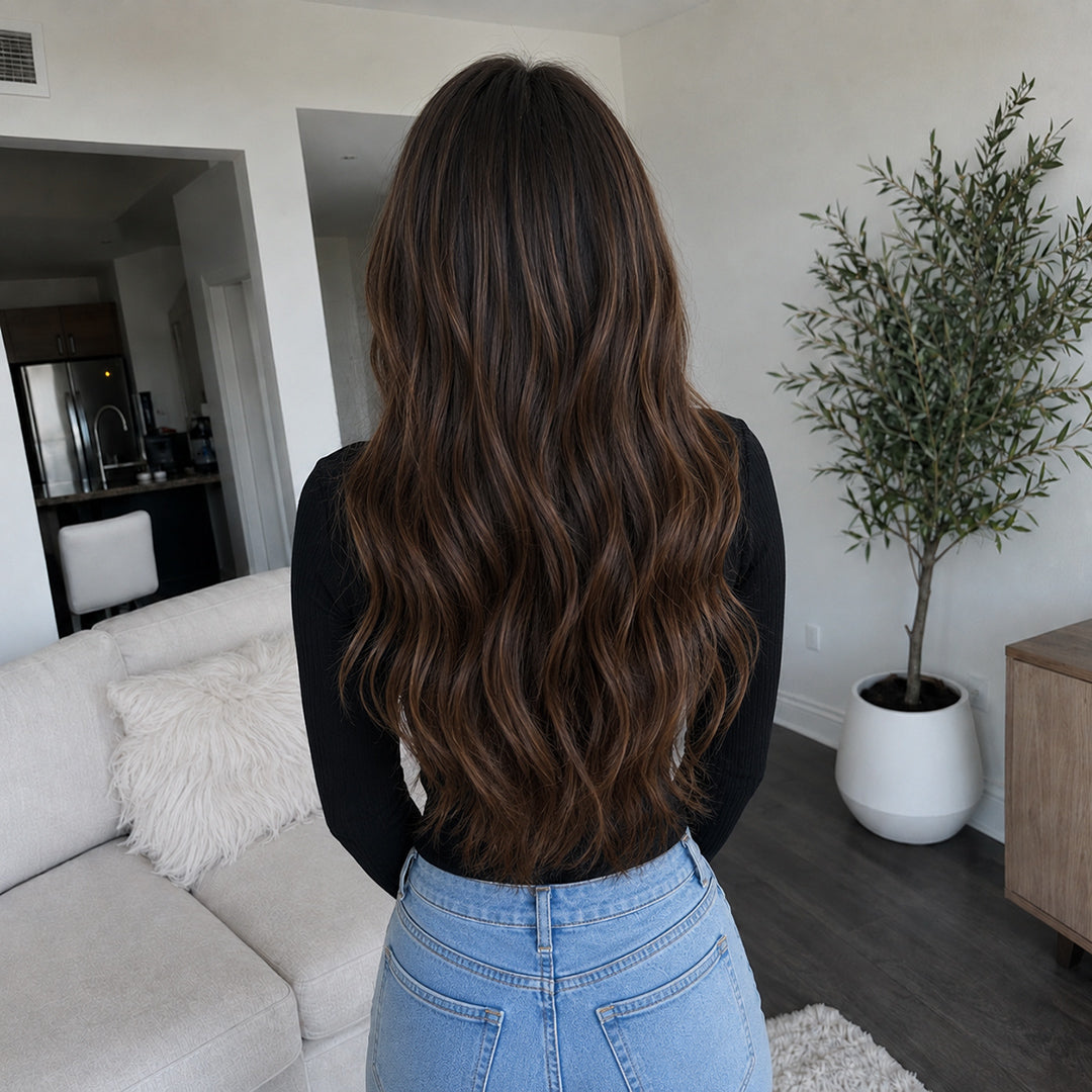 Additional view of Mila 13x6 synthetic lace front wig, Dark Brown Balayage Loose Wave