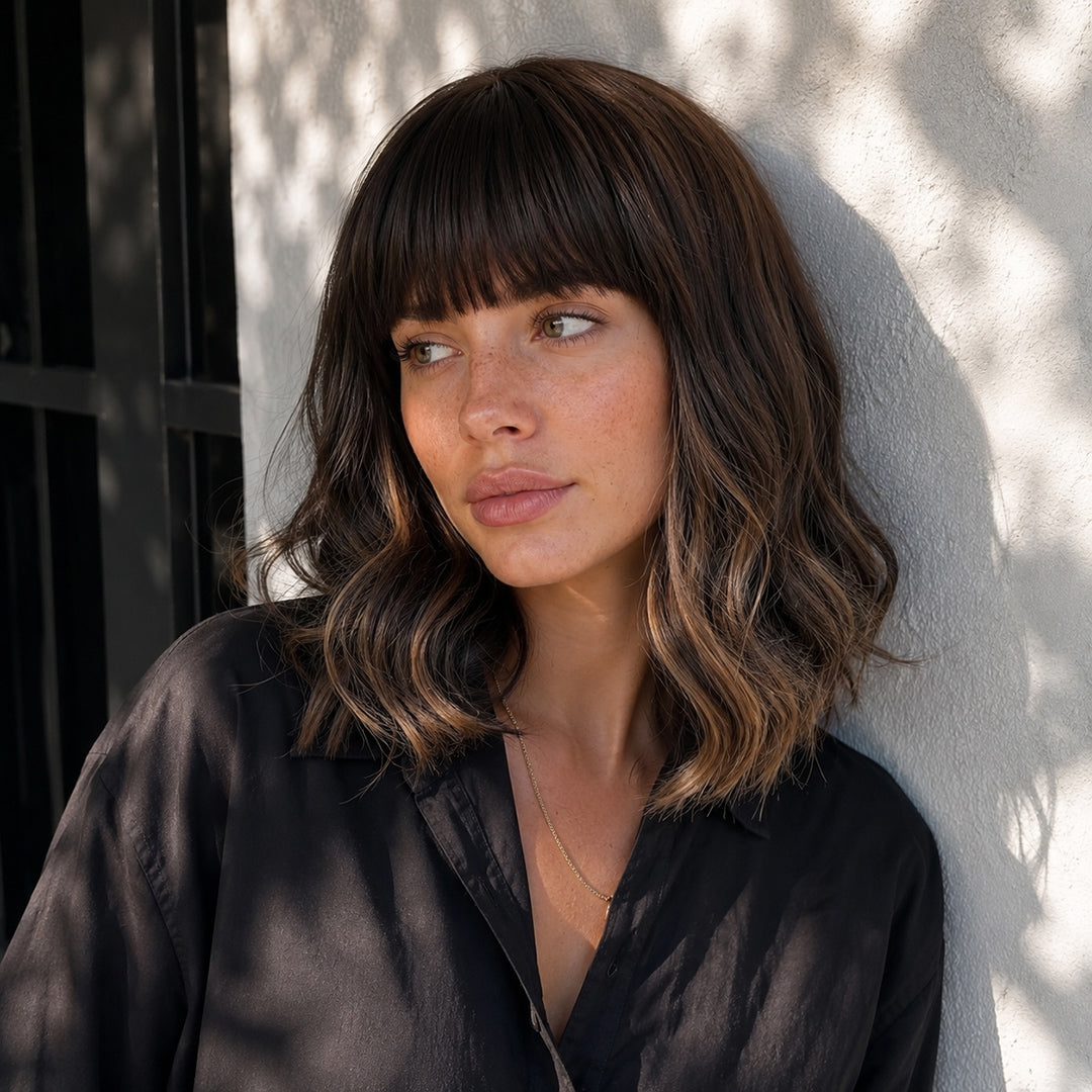 Molly synthetic wig, Dark Brown Highlight Bangs Bob, UNILOVELY