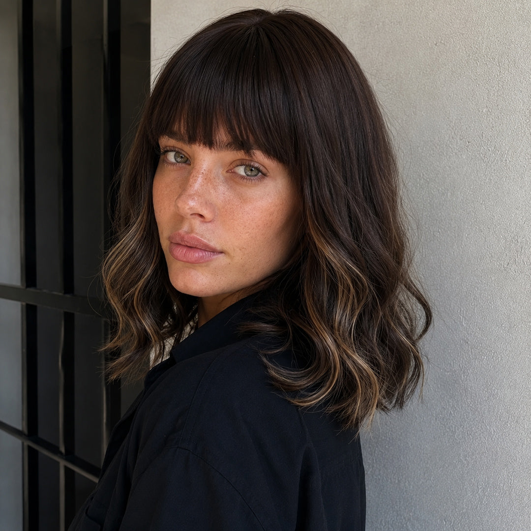 Alternate product view of Molly synthetic wig, Dark Brown Highlight Bangs Bob
