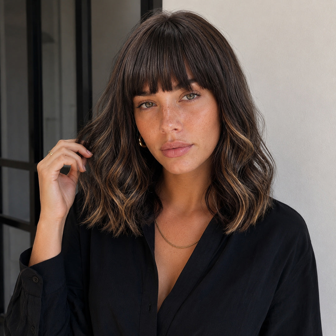 UNILOVELY Molly ready-to-wear synthetic wig, Dark Brown Highlight Bangs Bob