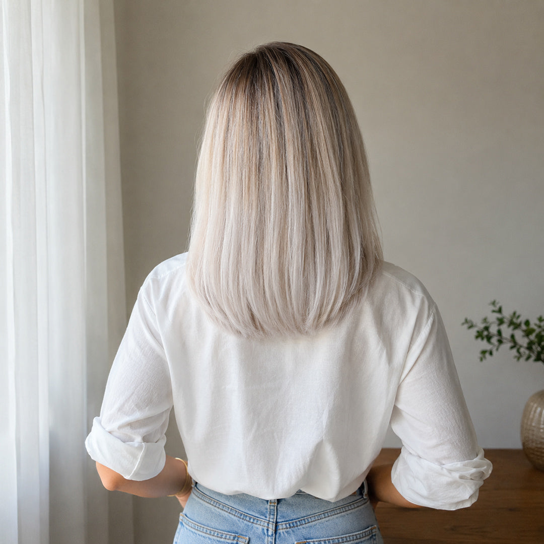 Nora 13x6 lace front wig with pre-cut lace, Rooted Blonde Sleek Bob