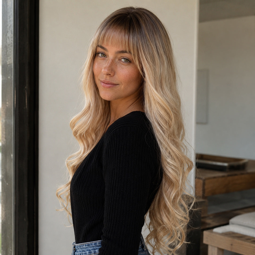 Pearl synthetic wig, Rooted Champagne Blonde Bangs Wave, UNILOVELY