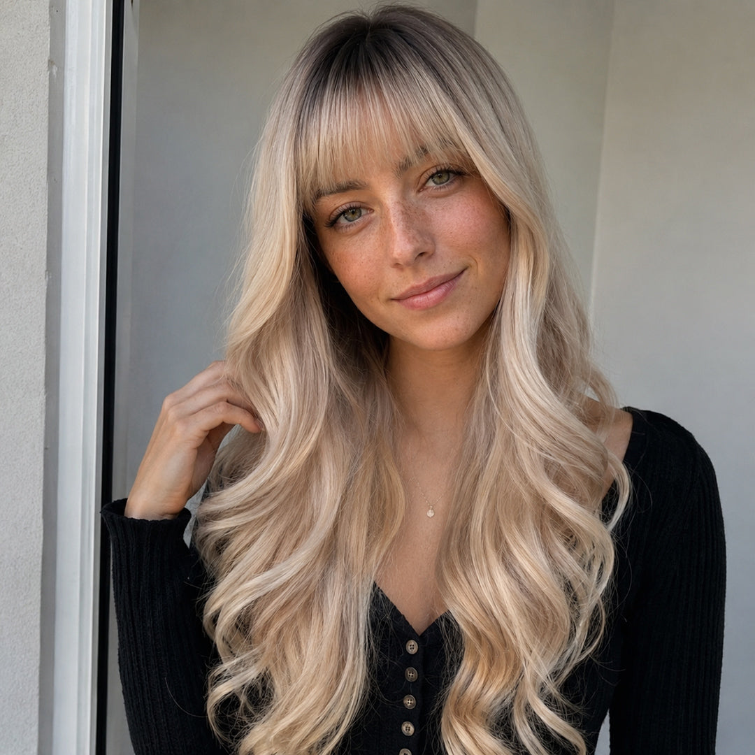 Alternate product view of Pearl synthetic wig, Rooted Champagne Blonde Bangs Wave