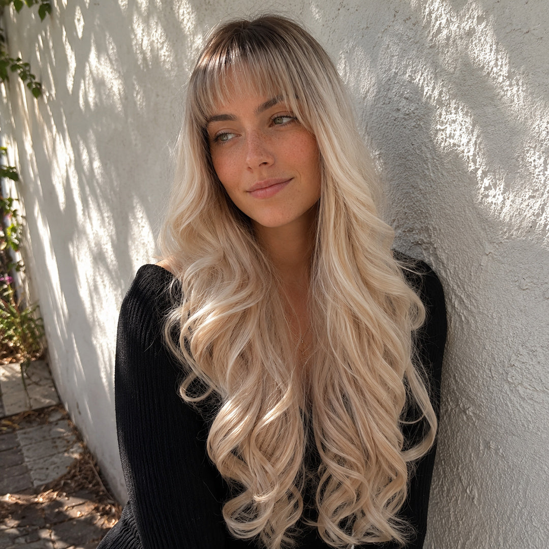 UNILOVELY Pearl ready-to-wear synthetic wig, Rooted Champagne Blonde Bangs Wave