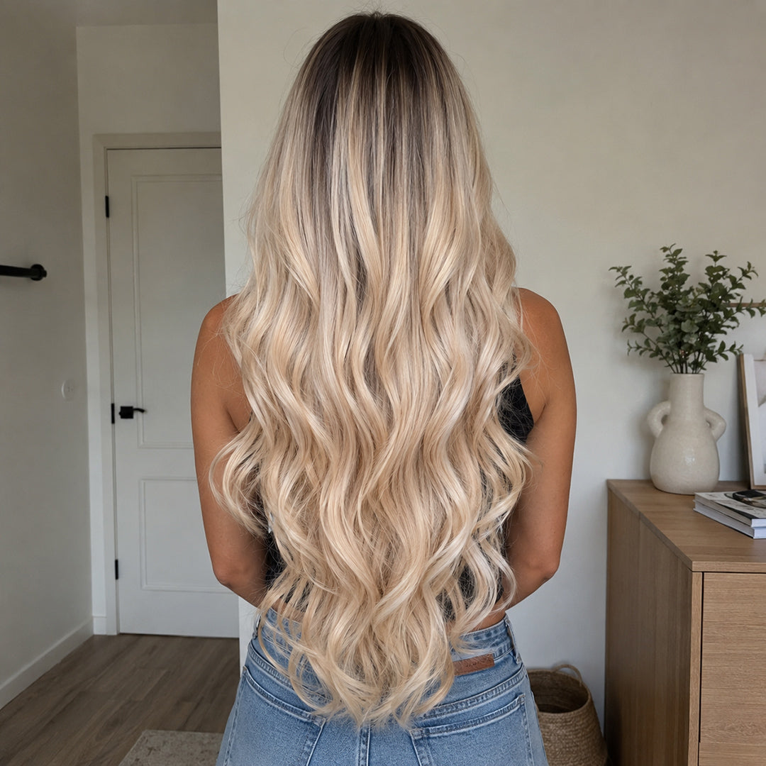 Pearl synthetic wig, Rooted Champagne Blonde Bangs Wave