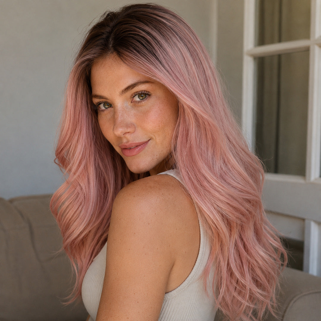 Alternate product view of Poppy synthetic wig, Rose Pink Soft Wave