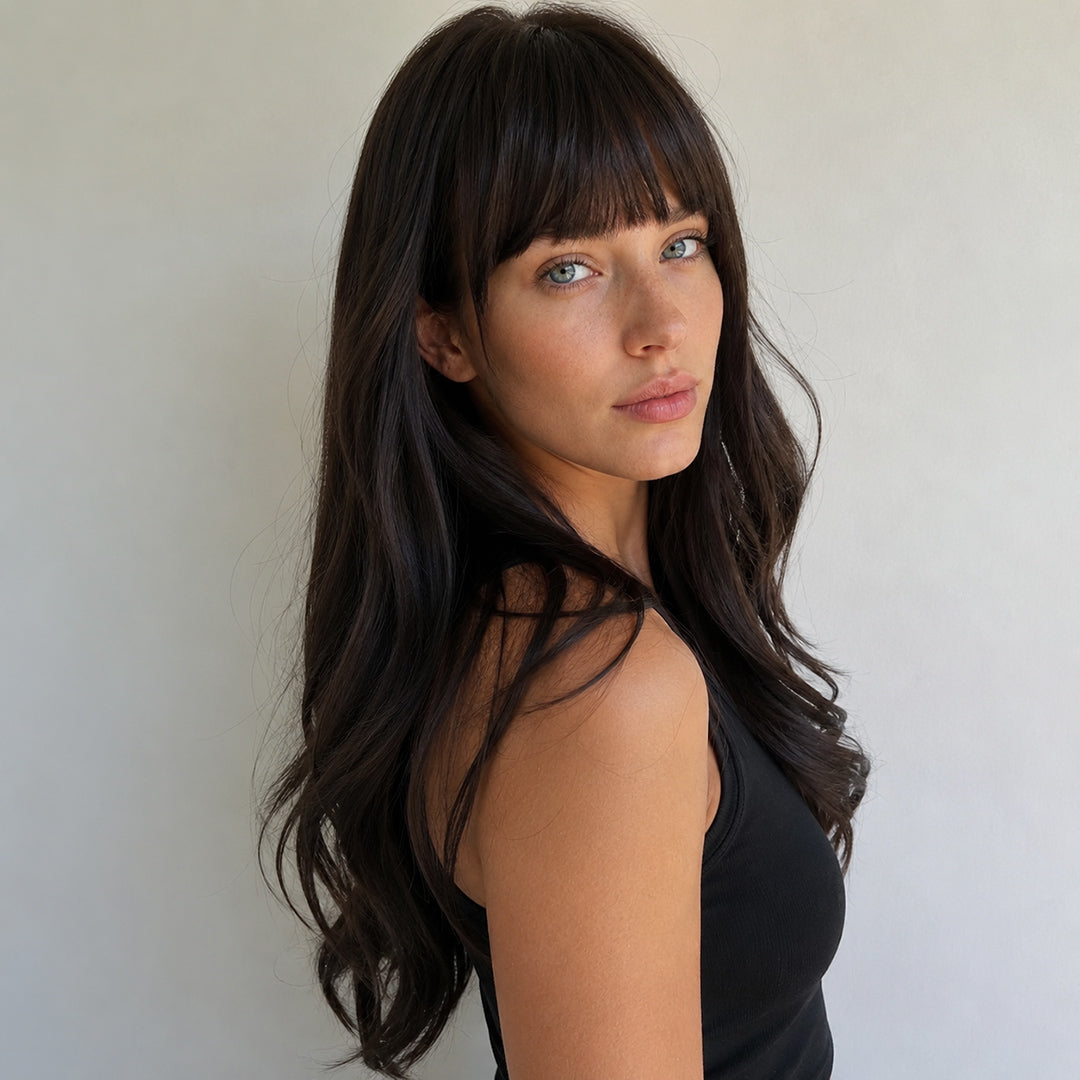 Alternate product view of Raven synthetic wig, Dark Brown Bangs Long Wave