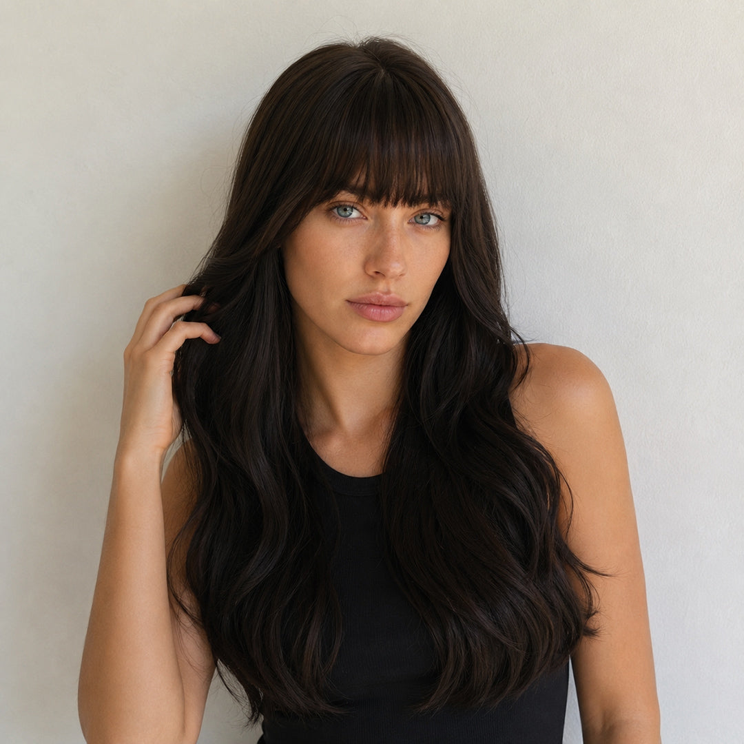 UNILOVELY Raven ready-to-wear synthetic wig, Dark Brown Bangs Long Wave