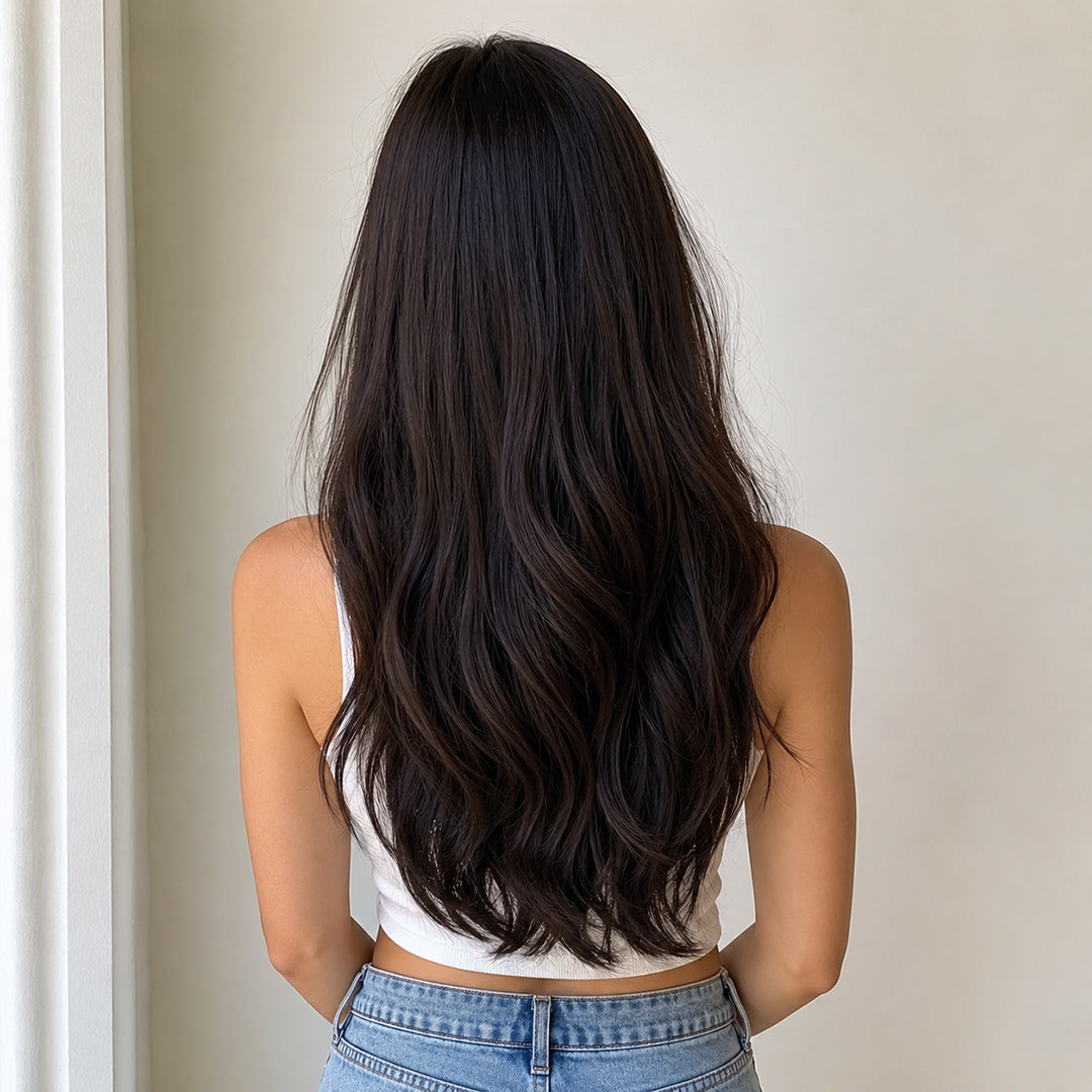 Raven synthetic wig, Dark Brown Bangs Long Wave
