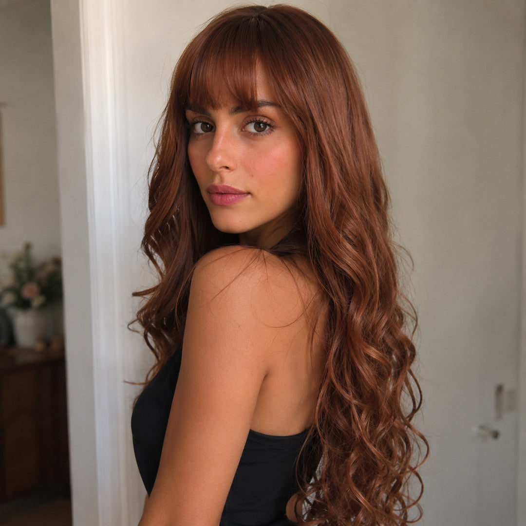 Alternate product view of Rosie synthetic wig, Copper Auburn Bangs Curly Wave