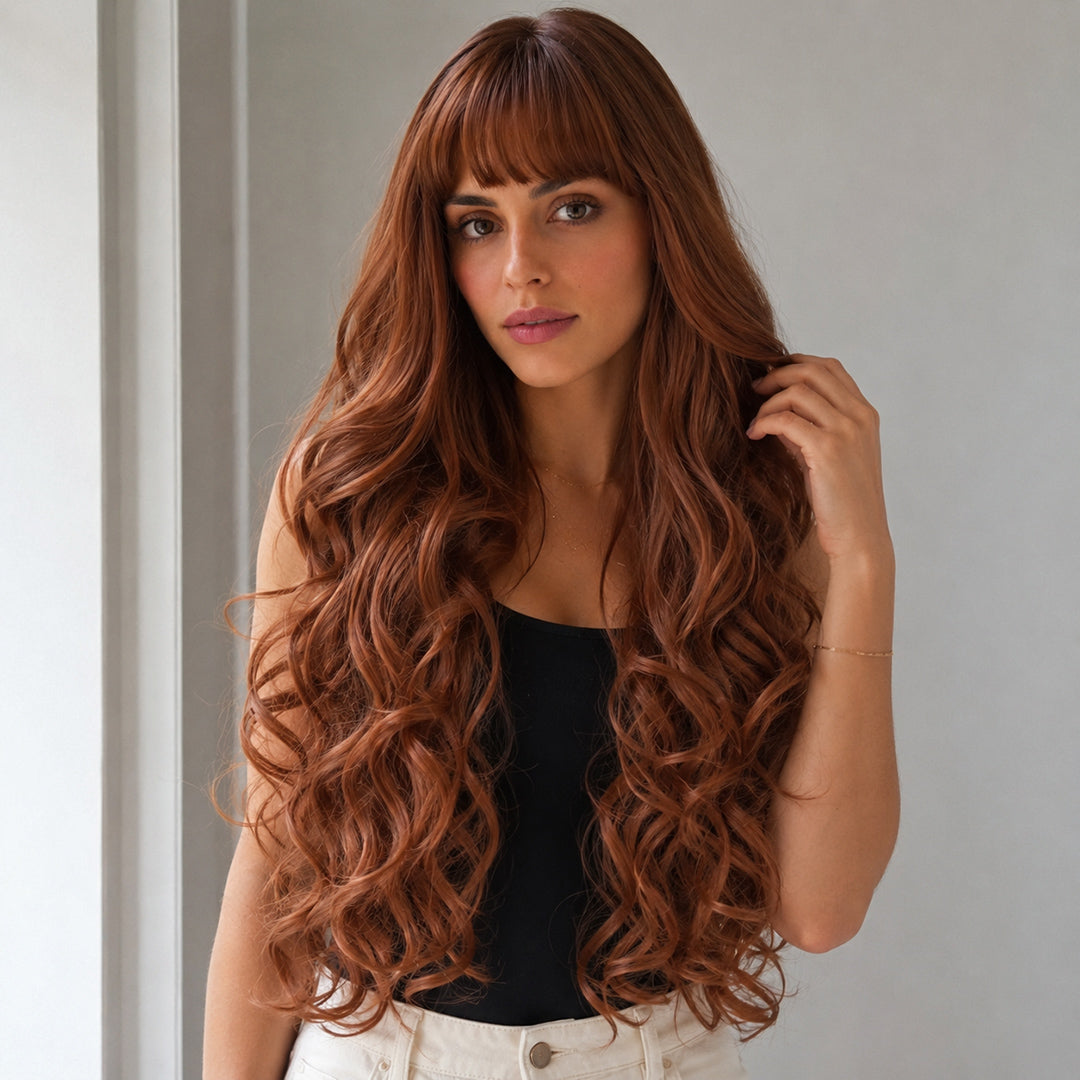 UNILOVELY Rosie ready-to-wear synthetic wig, Copper Auburn Bangs Curly Wave
