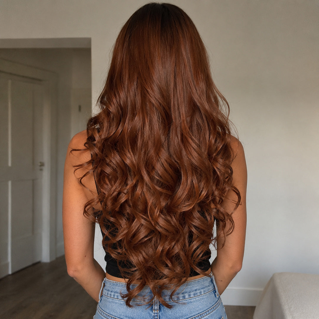 Rosie synthetic wig, Copper Auburn Bangs Curly Wave