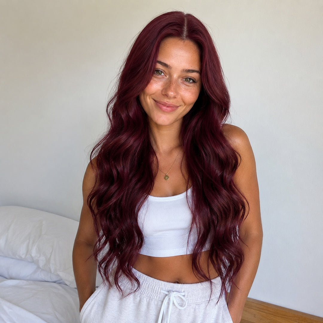 Ruby pre-cut 13x6 synthetic lace front wig, Burgundy Body Wave, UNILOVELY
