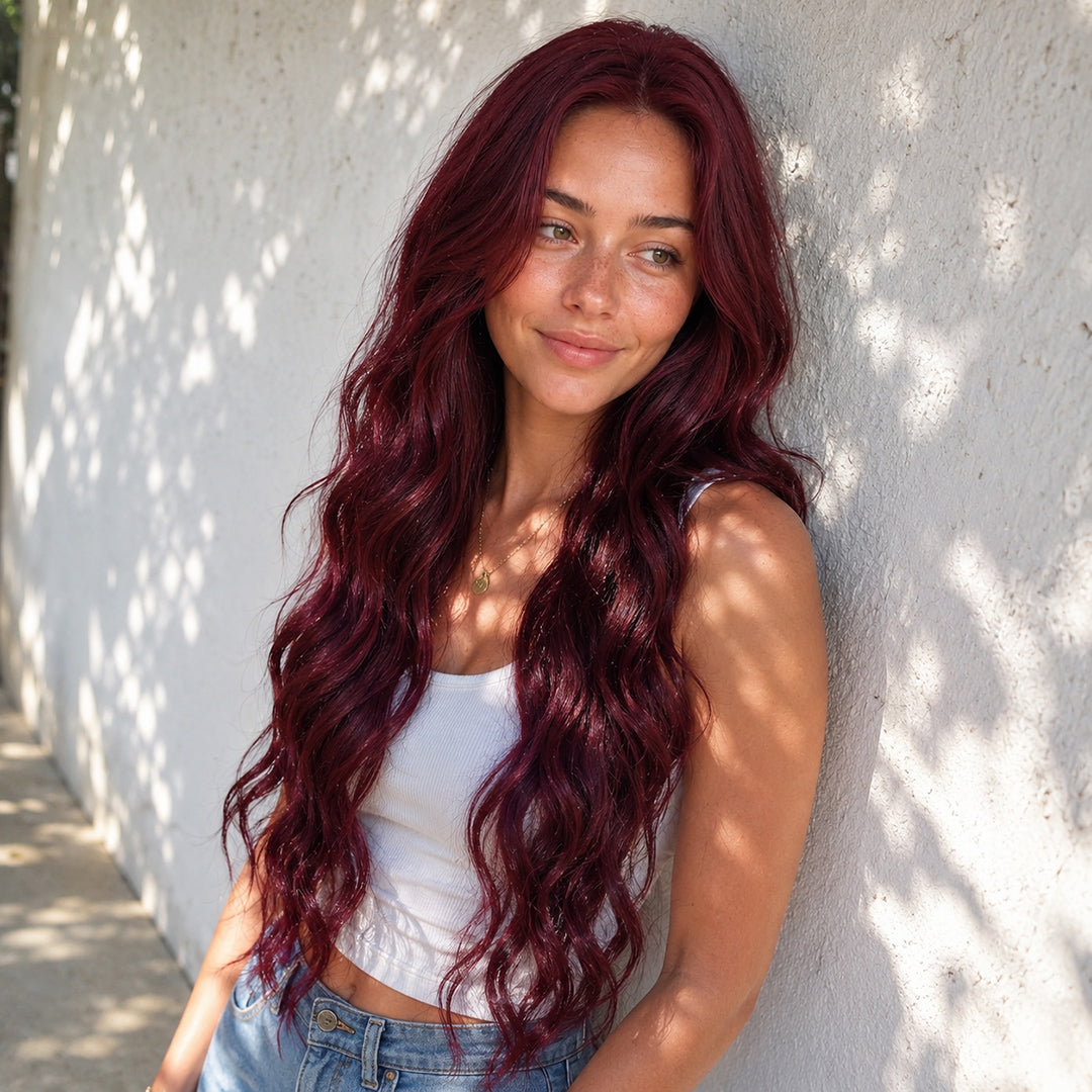 Alternate view of Ruby 13x6 synthetic lace front wig, Burgundy Body Wave