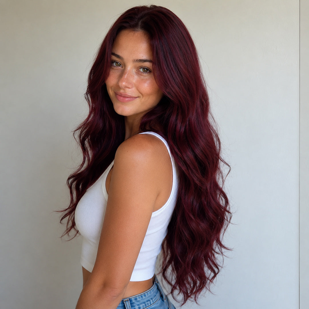 UNILOVELY Ruby pre-cut synthetic lace front wig, Burgundy Body Wave