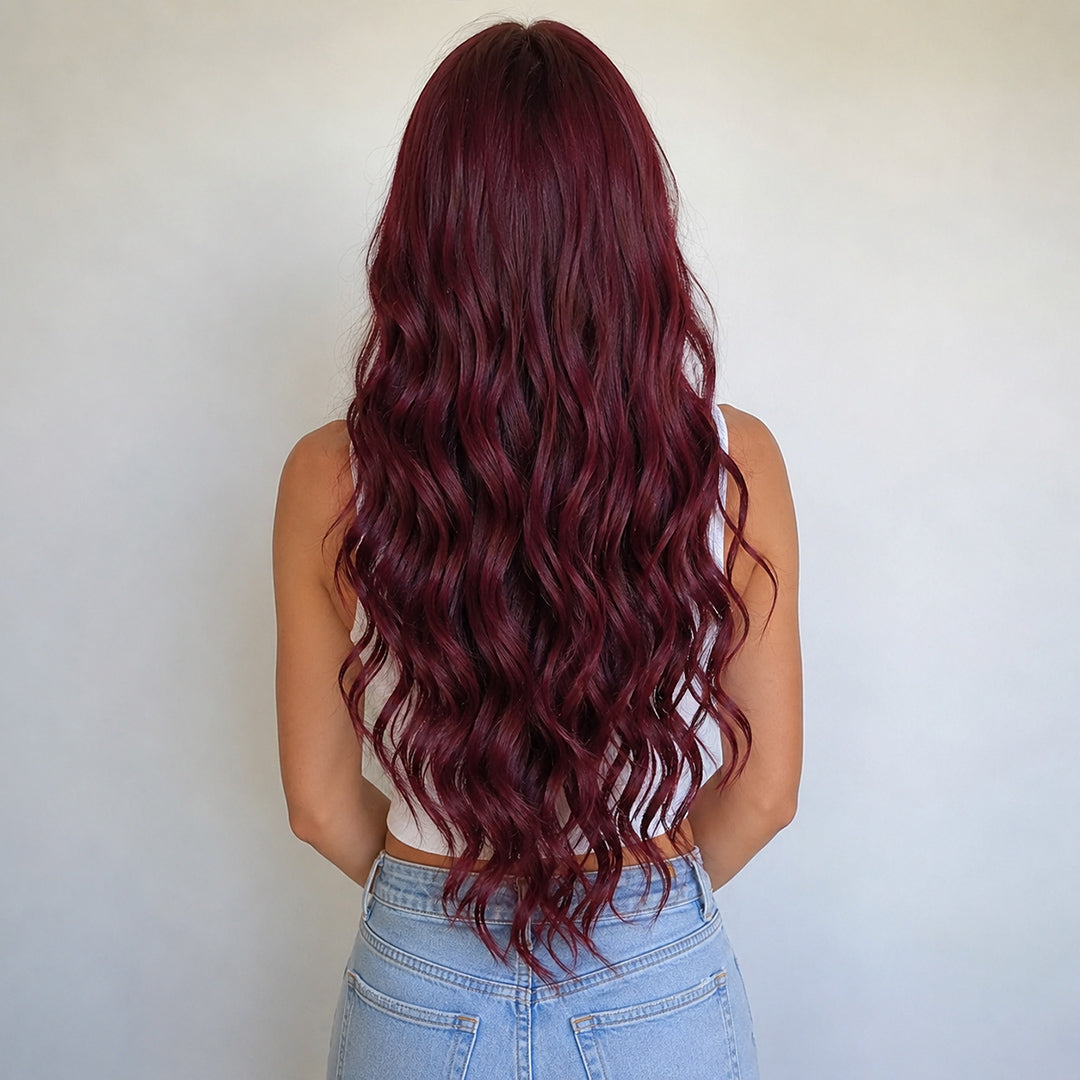 Additional view of Ruby 13x6 synthetic lace front wig, Burgundy Body Wave