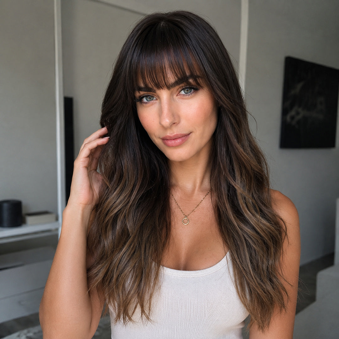 Alternate product view of Sadie synthetic wig, Dark Brown Bangs Soft Wave