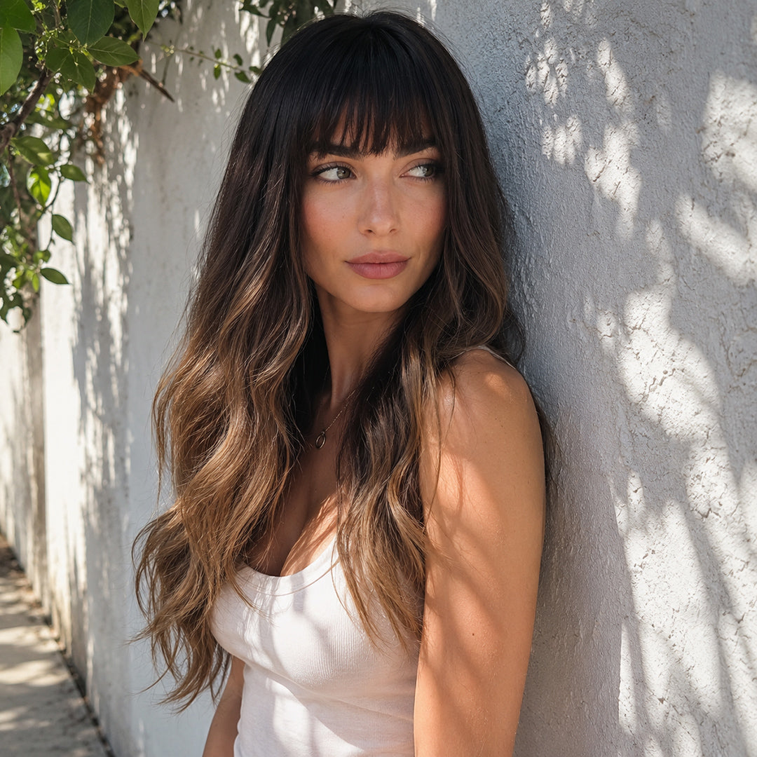 Sadie synthetic wig, Dark Brown Bangs Soft Wave