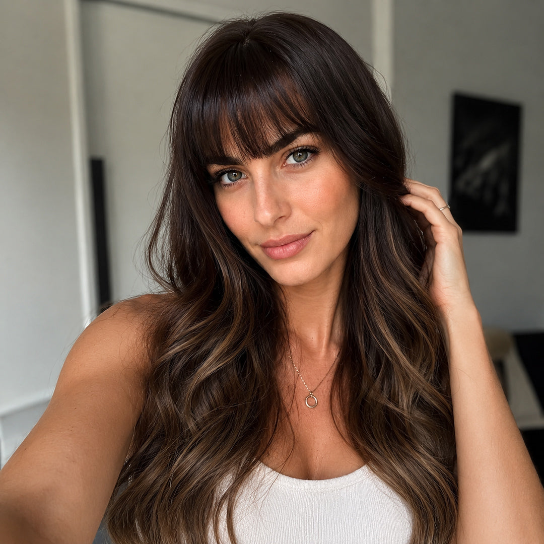 Additional product view of Sadie synthetic wig, Dark Brown Bangs Soft Wave