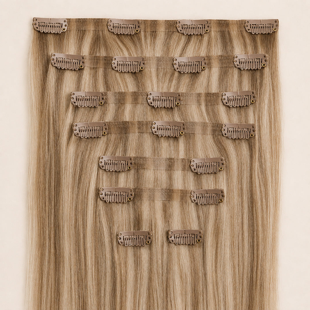 Ash Brown Blonde Highlights #8/613 Seamless Clip-In Hair Extensions with multi-tonal blonde highlights