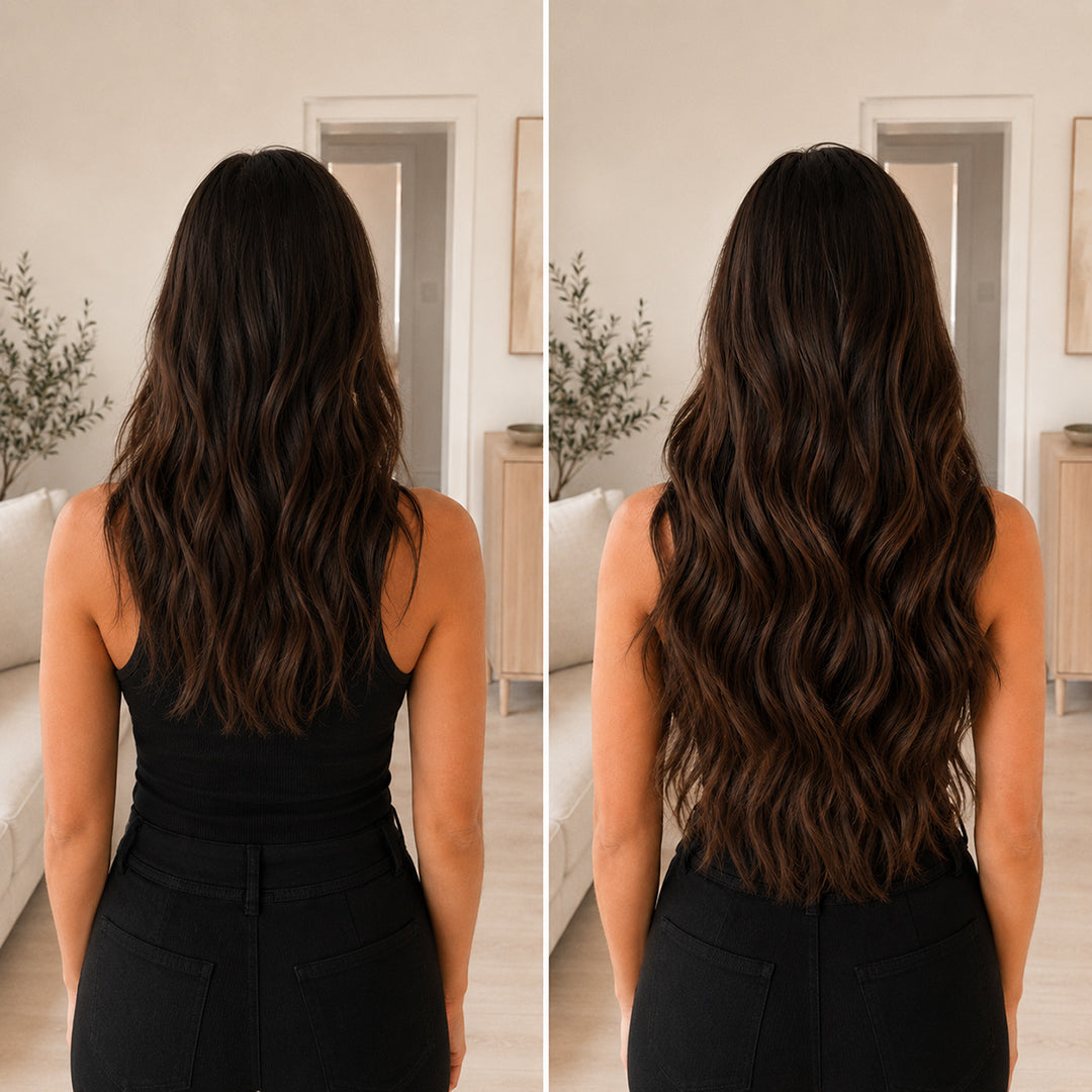 Chestnut Brown #6 Seamless Clip-In extensions with soft, smooth Remy human hair