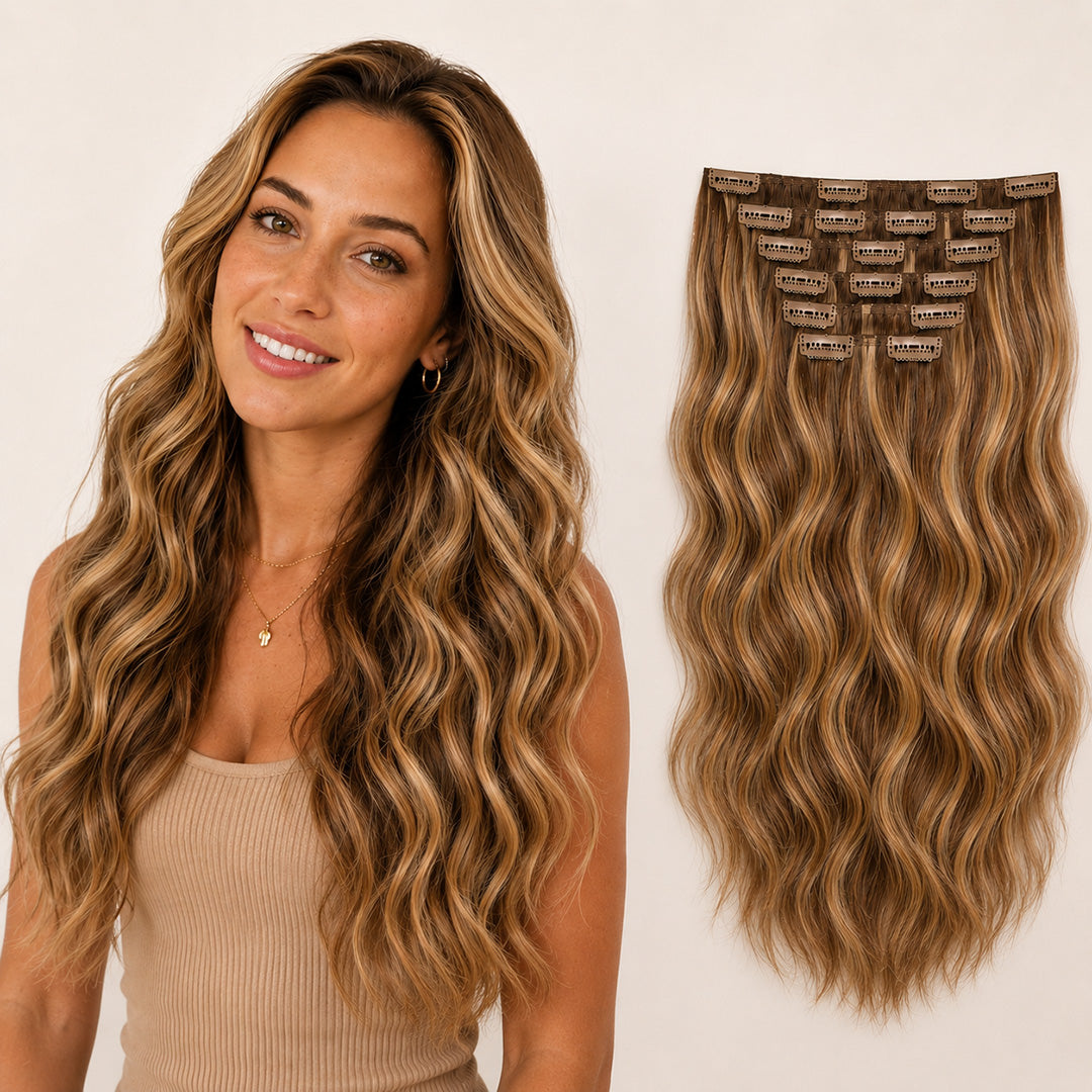 Chestnut Brown Honey Highlights #6/27 Seamless Clip-In Hair Extensions made with 100% Remy human hair
