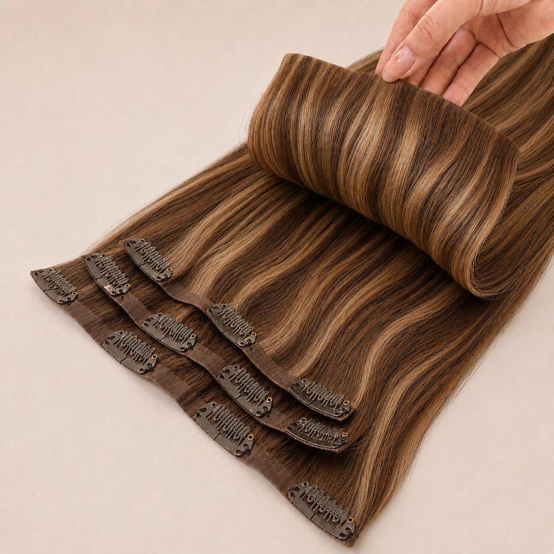 Additional product view of Chestnut Brown Honey Highlights #6/27 Seamless Clip-In Hair Extensions