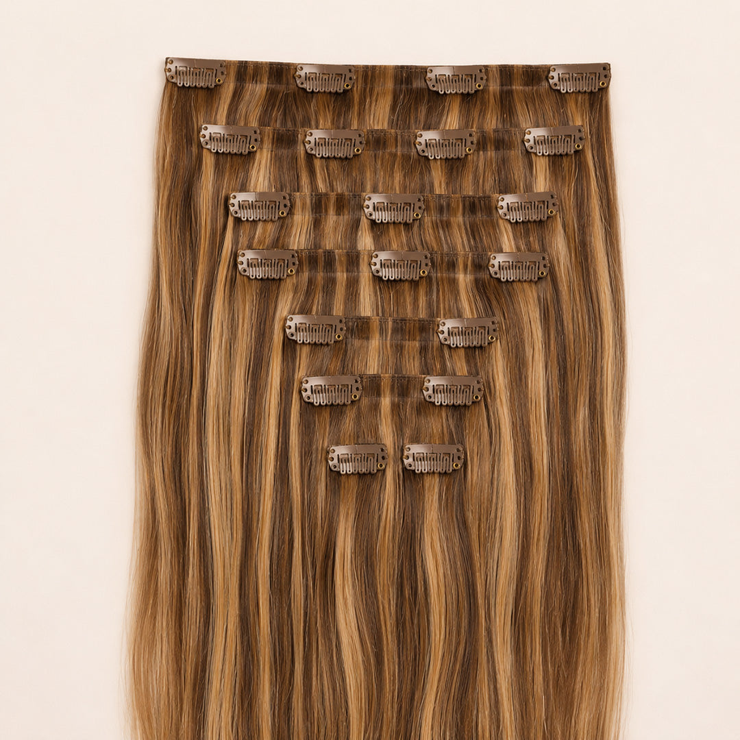 Chestnut Brown Honey Highlights #6/27 Seamless Clip-In Hair Extensions with warm dimensional highlights