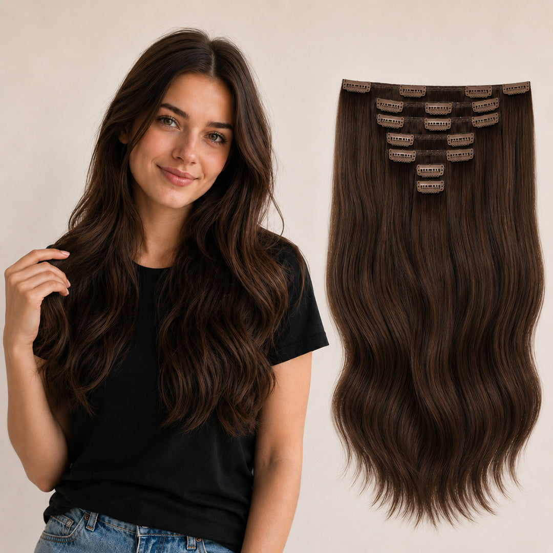 Chocolate Brown #4 Seamless Clip-In Hair Extensions made with 100% Remy human hair