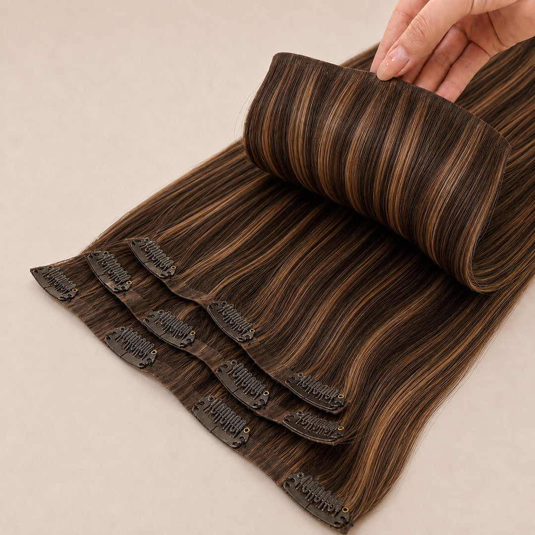 Additional product view of Chocolate Brown Caramel Highlights #4/27 Seamless Clip-In Hair Extensions