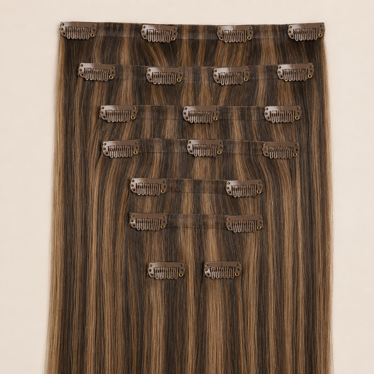 Chocolate Brown Caramel Highlights #4/27 Seamless Clip-In Hair Extensions with dimensional Remy human hair color
