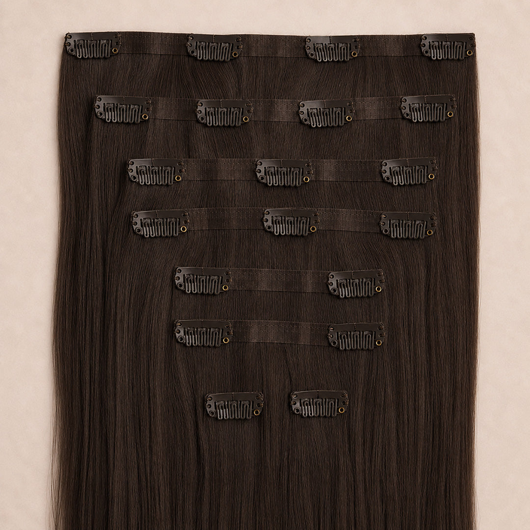 Dark Brown #2 Seamless Clip-In Hair Extensions in soft 100% Remy human hair