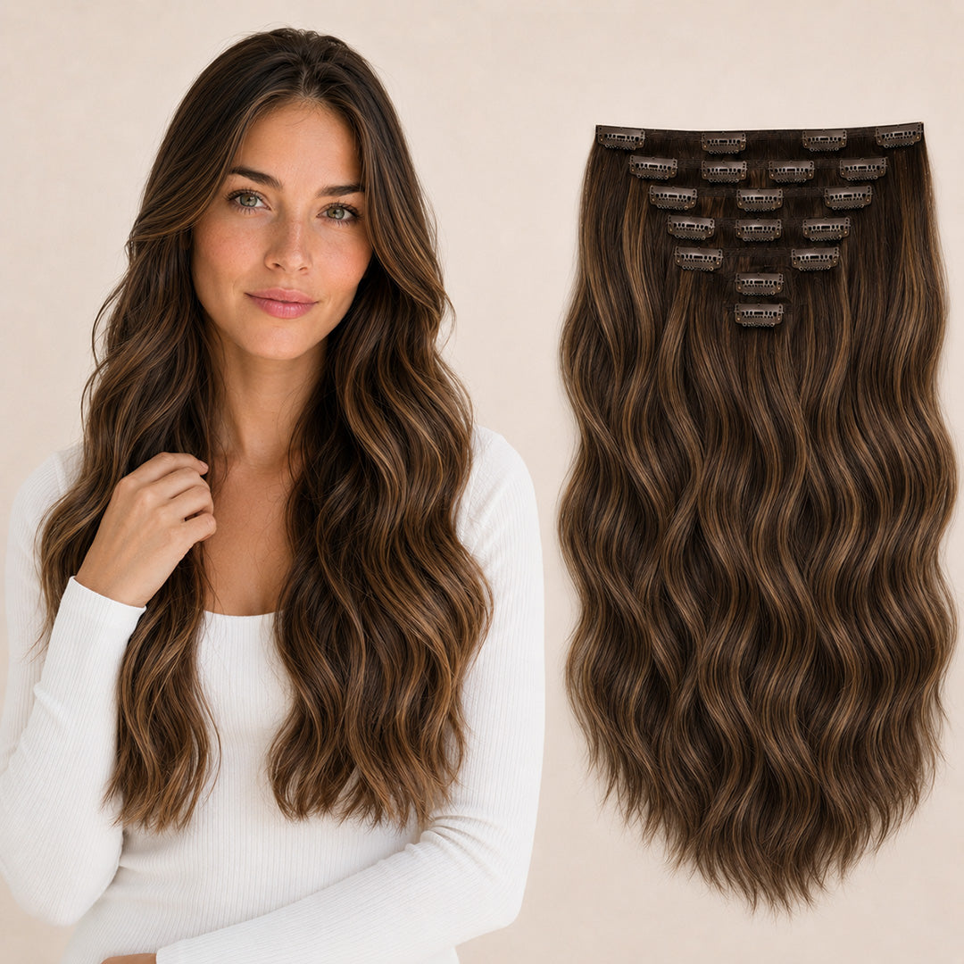 Dark Brown Caramel Highlights #2/6/27 Seamless Clip-In Hair Extensions made with 100% Remy human hair