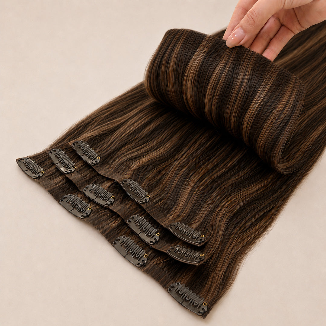 UNILOVELY Seamless Clip-In Hair Extensions in Dark Brown Caramel Highlights #2/6/27, 100% Remy human hair