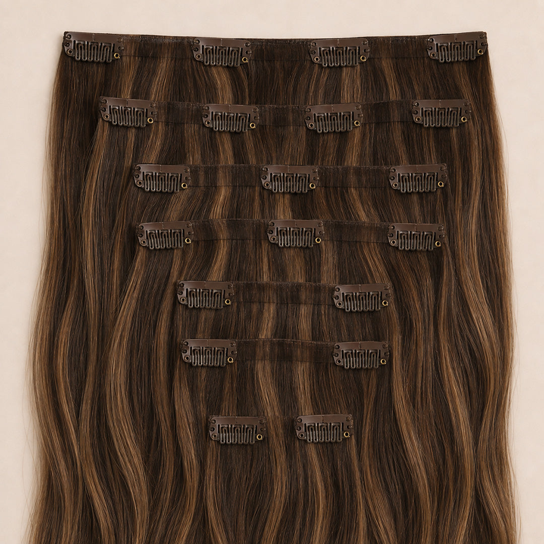 Dark Brown Caramel Highlights #2/6/27 Seamless Clip-In Hair Extensions with dimensional caramel highlights