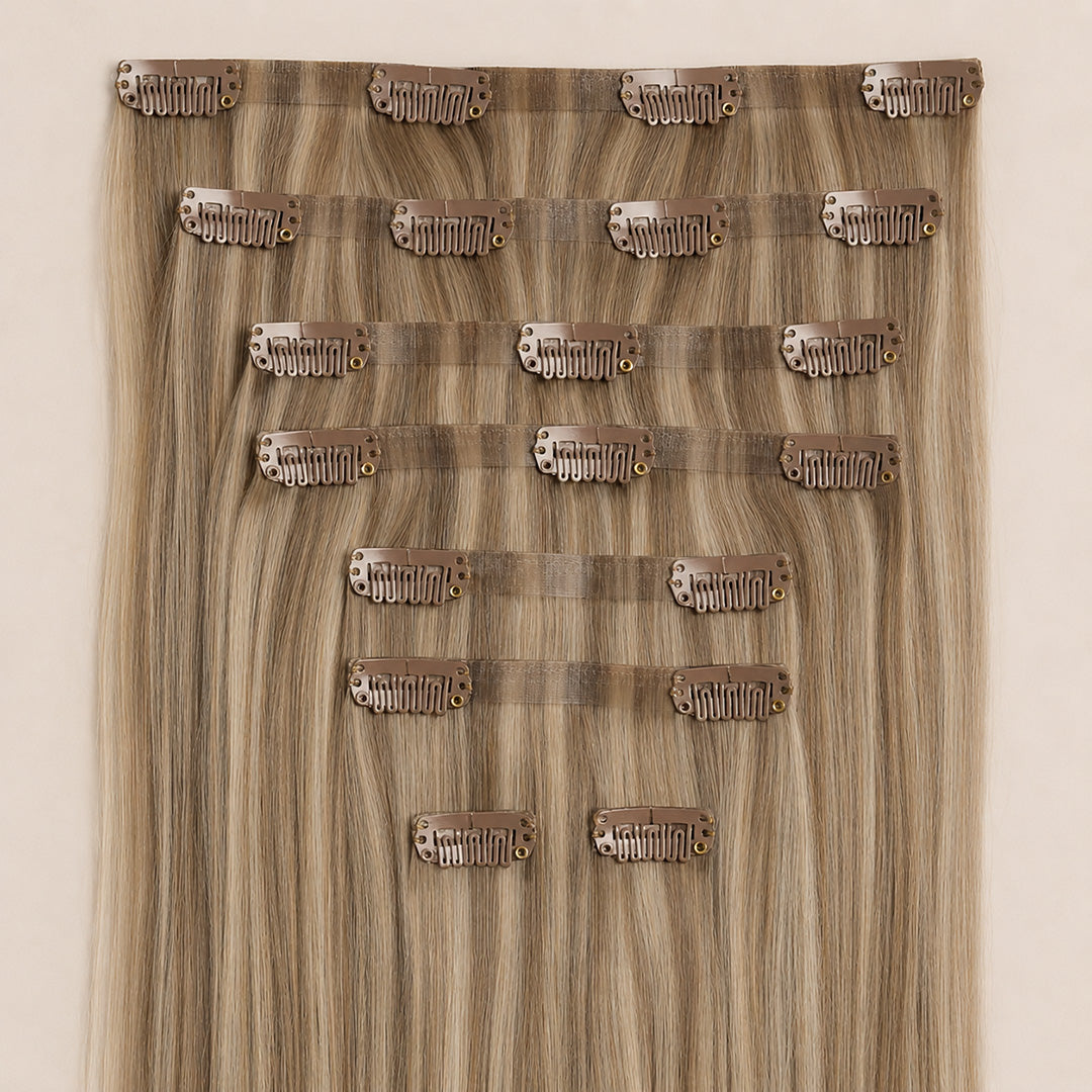 Dirty Blonde Highlights #18/60 Seamless Clip-In Hair Extensions with a dimensional blonde blend