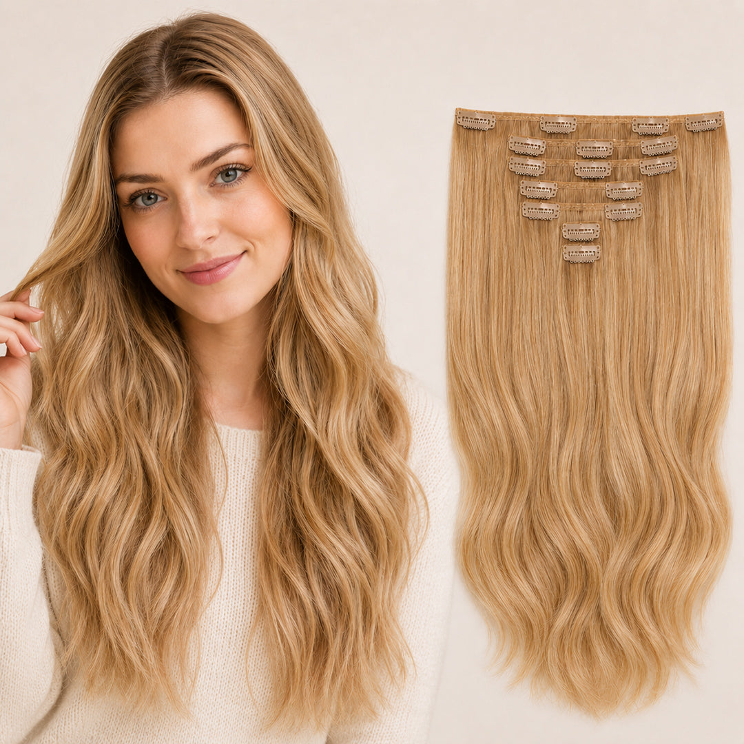 Golden Blonde #27 Seamless Clip-In Hair Extensions made with 100% Remy human hair