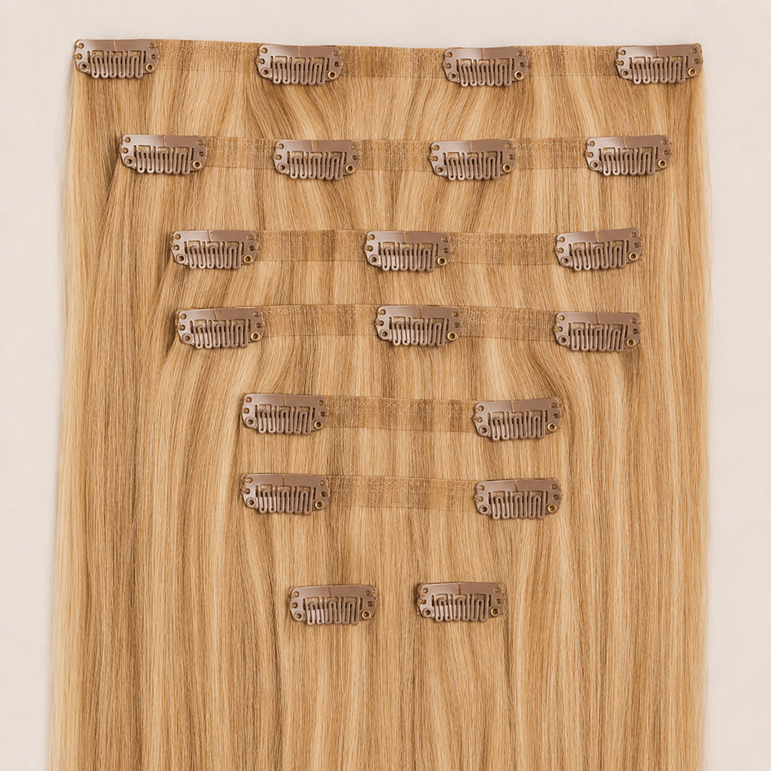 Golden Blonde #27 Seamless Clip-In Hair Extensions with smooth 100% Remy human hair
