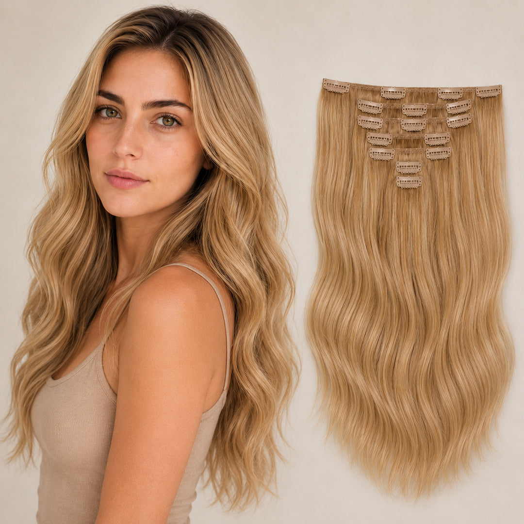 Honey Blonde #24 Seamless Clip-In Hair Extensions made with 100% Remy human hair