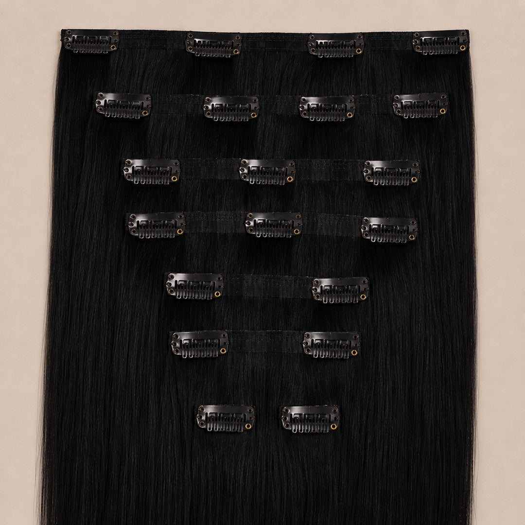 Jet Black #1 Seamless Clip-In Hair Extensions for a sleek, natural-looking blend