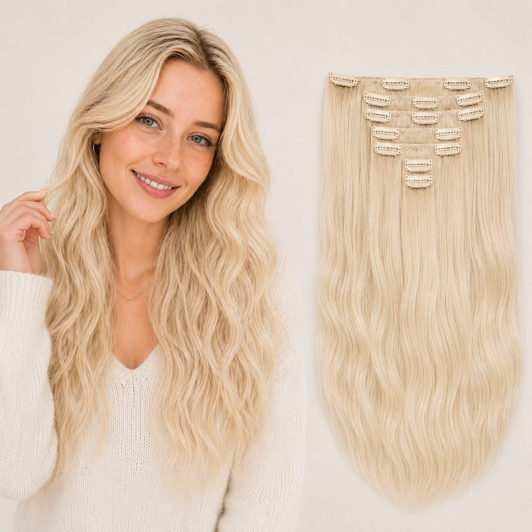 Light Blonde #613 Seamless Clip-In Hair Extensions made with 100% Remy human hair