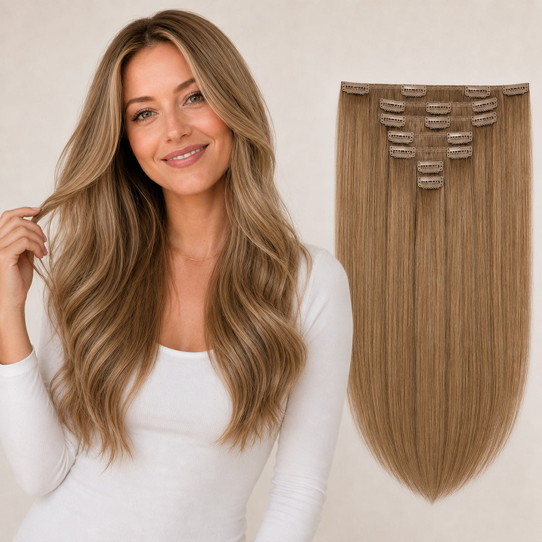 Light Brown #10 Seamless Clip-In Hair Extensions made with 100% Remy human hair