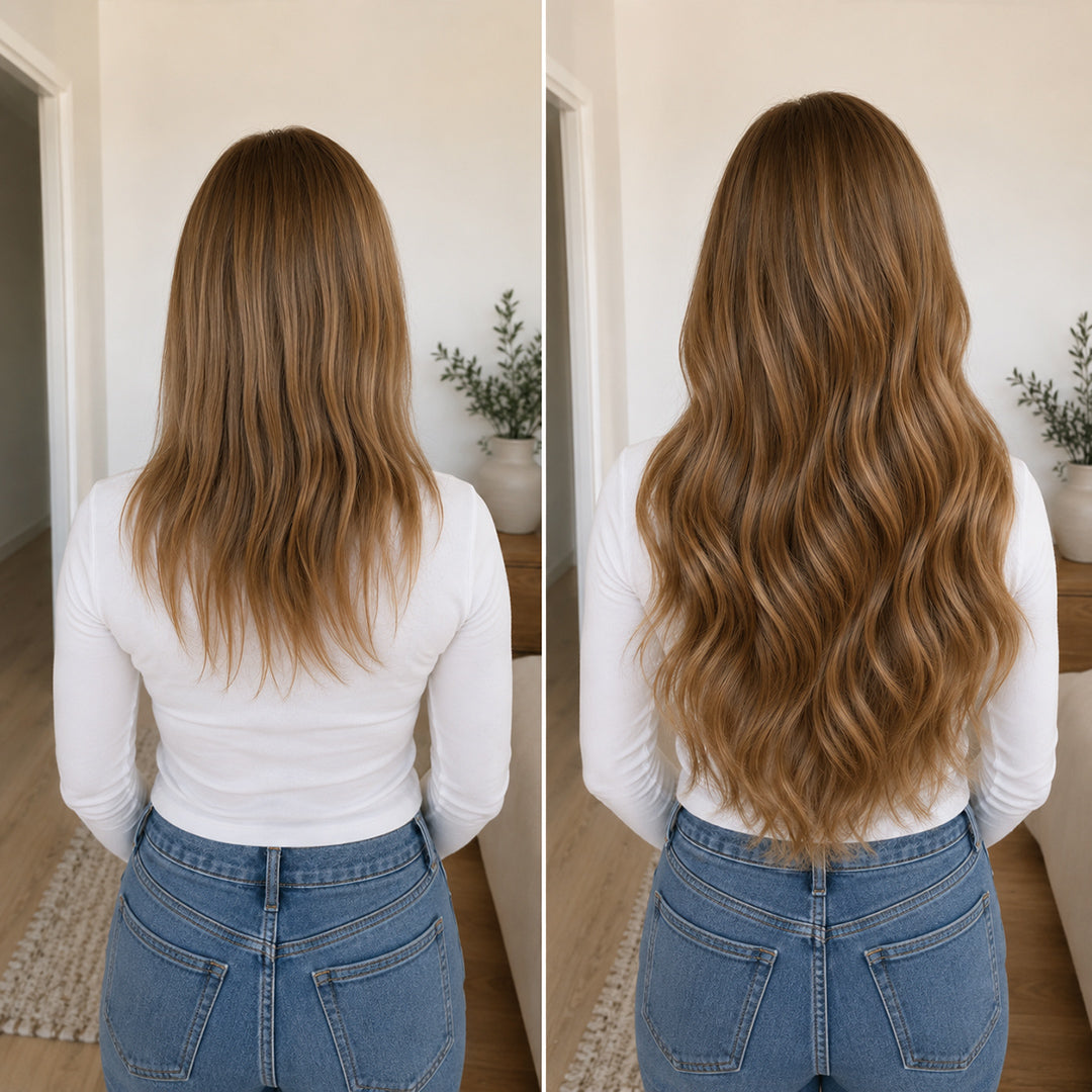Light Brown #10 Seamless Clip-In extensions with soft, smooth Remy human hair