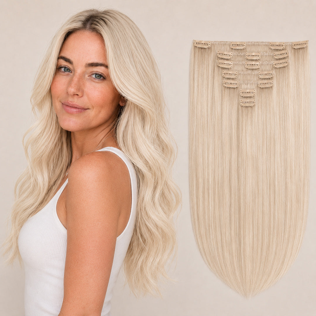 Platinum Blonde #60 Seamless Clip-In Hair Extensions made with 100% Remy human hair