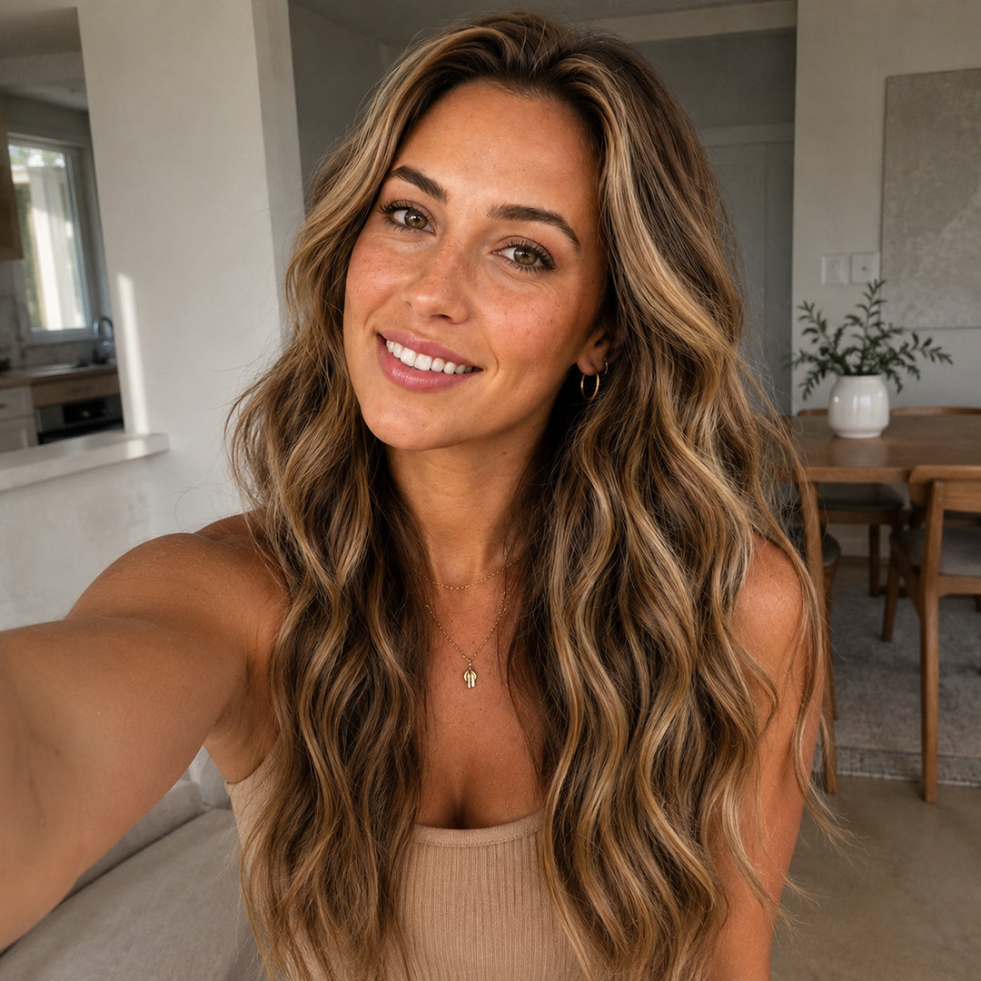 Chestnut Brown Honey Highlights #6/27 Remy human hair Clip-In Extensions for natural-looking volume and length